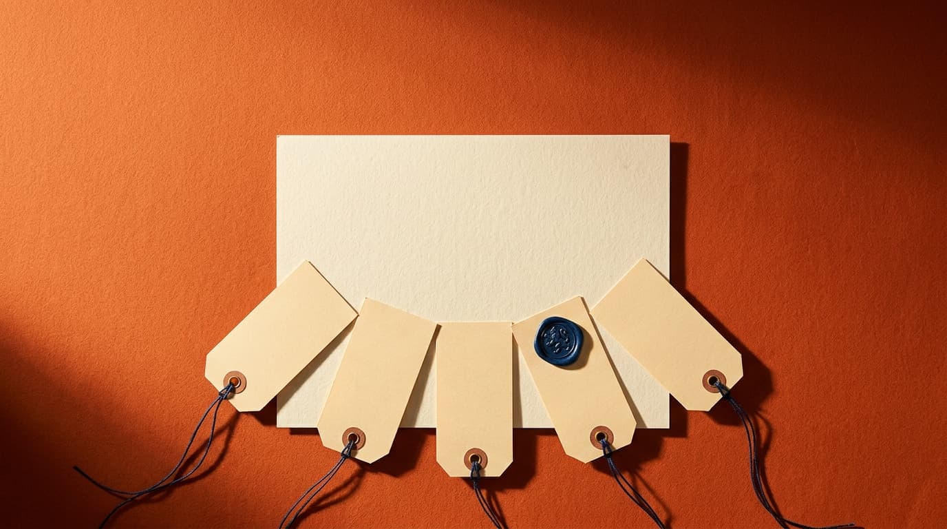 A single sheet of cream paper with five small paper evidence tags fanned beneath it, each attached by a fine thread, photographed from above in hard raking light.