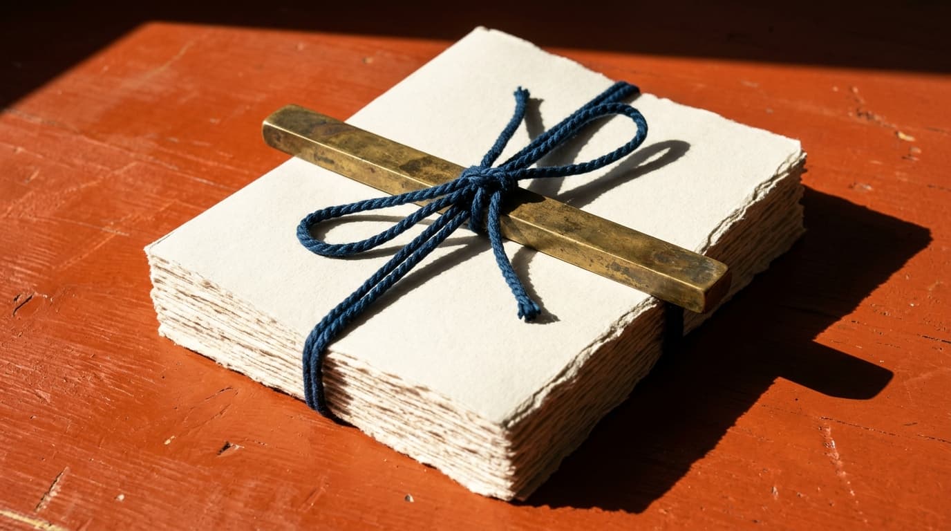 A thick stack of deckle-edged cream paper tied shut with heavy blue cord and pinned closed under a solid brass bar, on a terracotta surface in hard raking light.