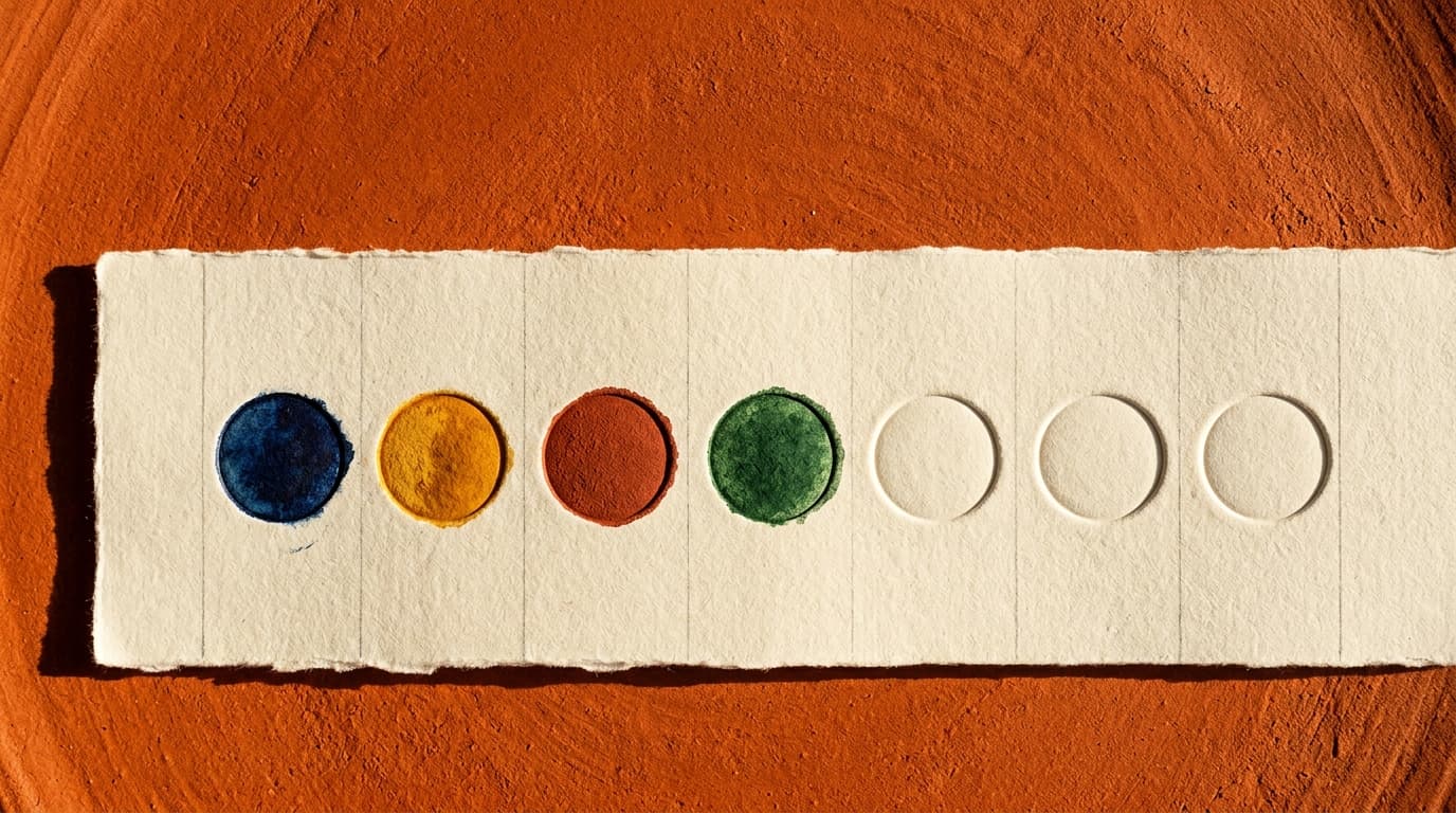 A long strip of cream ledger paper photographed from above, marked with a row of evenly spaced blind-embossed circles, one of them filled with deep ink-blue pigment.
