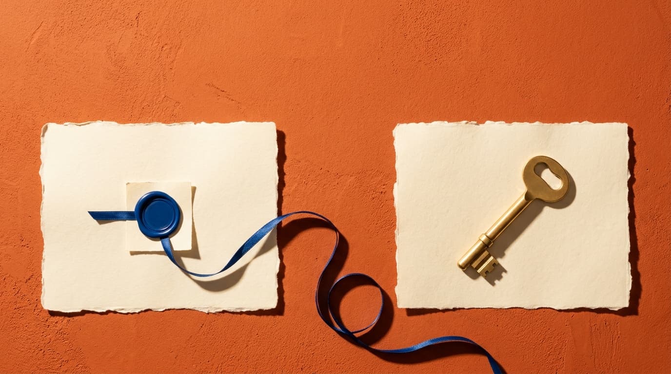 Two sheets of cream deckled-edge paper lying far apart on a pale grey surface, a plain unbranded brass key on one and a small ink-blue paper tab on the other.