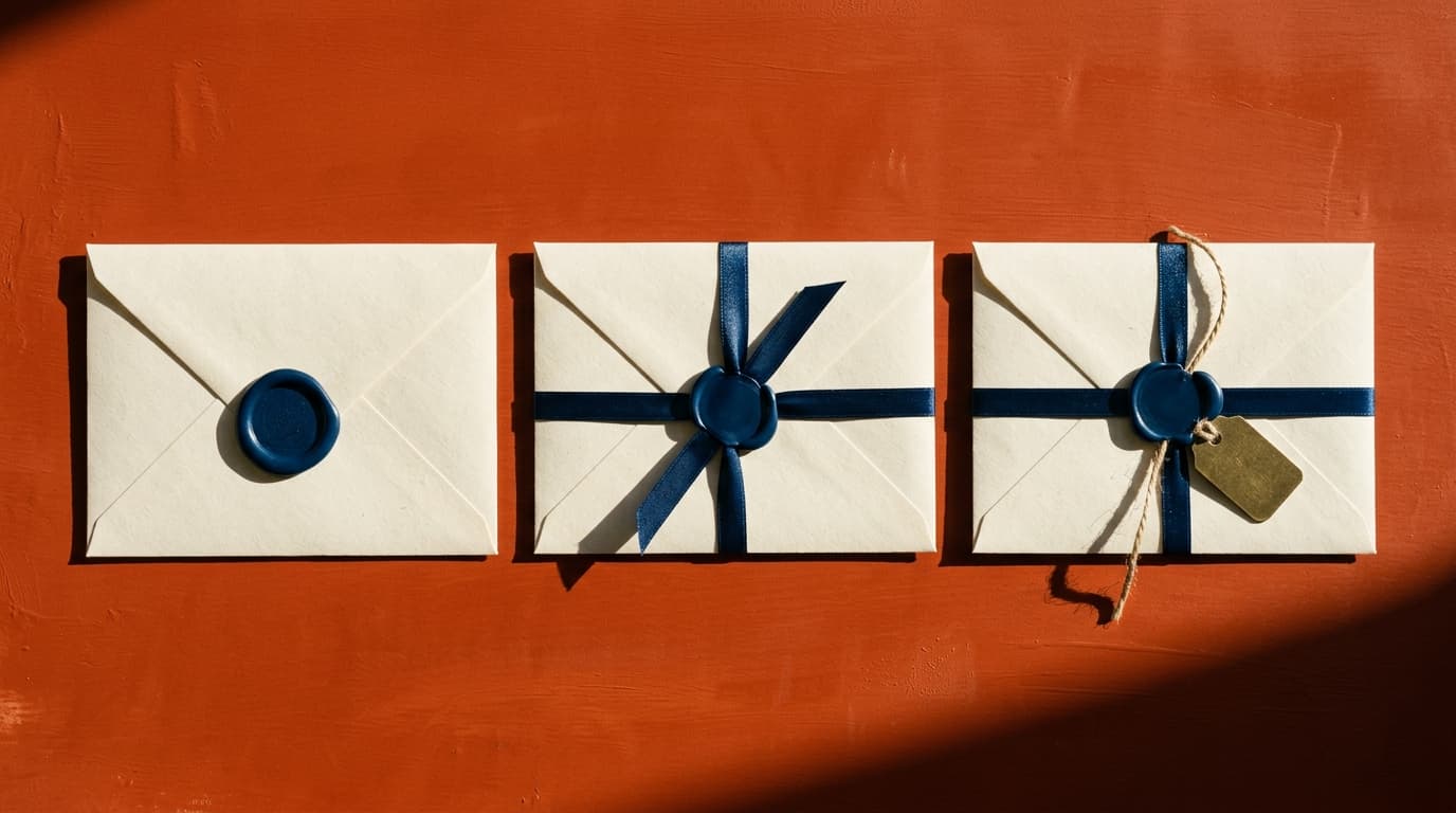 Three cream envelopes in a row on a terracotta surface, each sealed more elaborately than the last: a plain blue wax blob, then wax over ribbon, then wax, ribbon and a small brass tag on a cord.