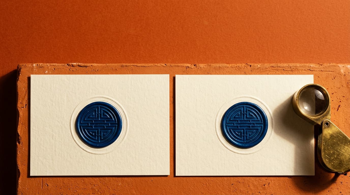 Two identical cream cards laid edge to edge, each carrying a matching blind-embossed circular seal, with a brass jeweller's loupe resting beside them.