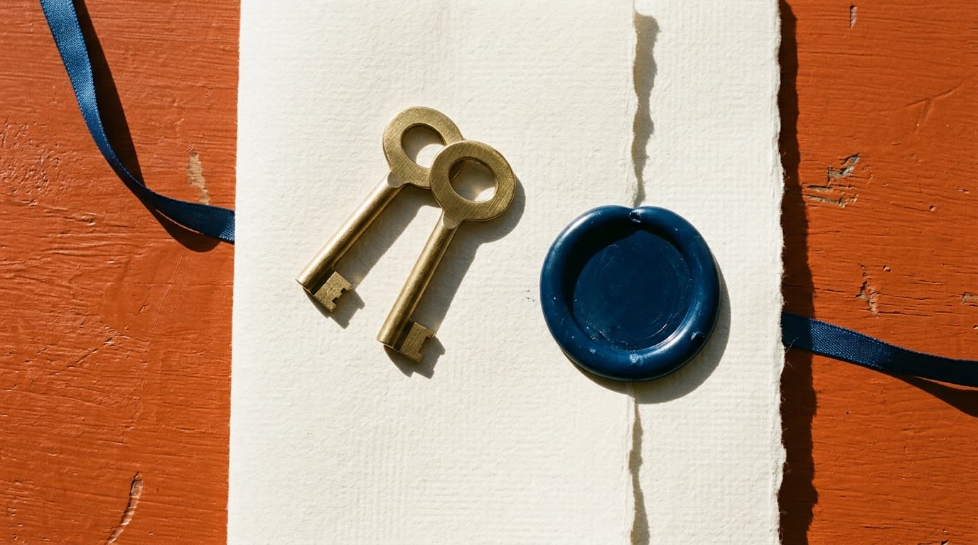Two plain brass keys and a blank deep blue wax seal resting on folded cream paper, lit from one side on a terracotta-orange wooden surface.